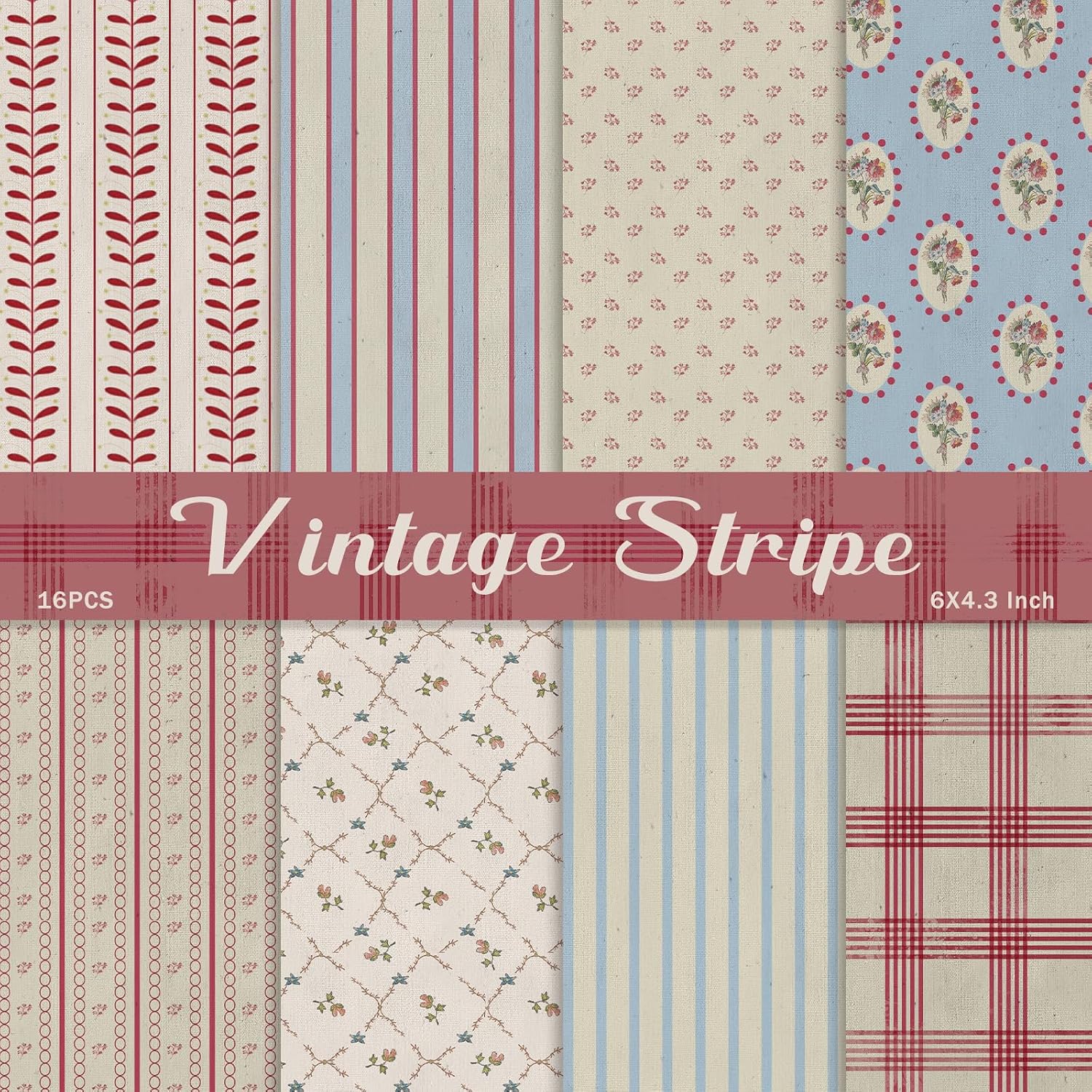 PRSTINCOL Scrapbook Paper.16 Sheets 4.1x5.8 Inch Vintage Stripe Style Scrapbook Supplies.Single-Sided Vivid Origami Decoupage Paper for DIY Crafts. Card Making. Art Journaling