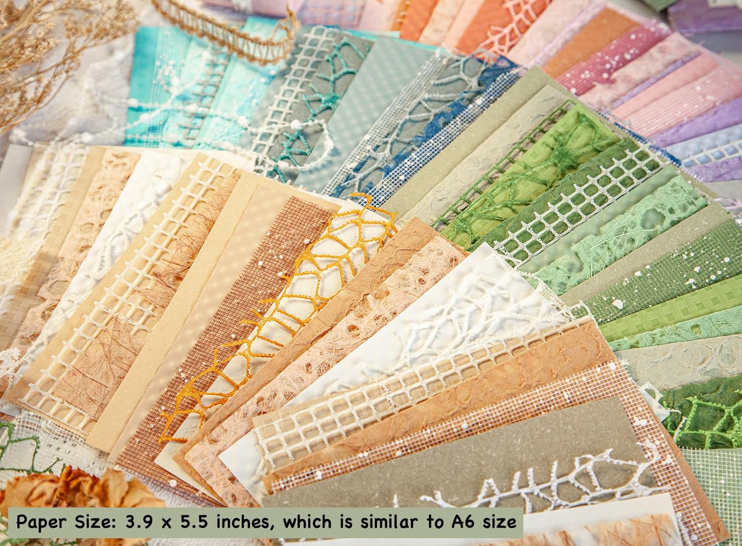 96 Sheets Textured Scrapbook Paper and Mesh Fabric Assorted Set - 6 Pack Mixed Special Paper for Scrapbooking Planner Bullet Junk Journal Supplies Mixed Media Collage Card Embellishments 3.9x5.5 Inch - Image 4